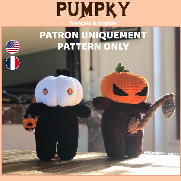 PUMPKY, patron crochet Halloween bonhomme citrouille, avec sac à bonbon et faux. Disponible en Anglais (US termes) et en Français