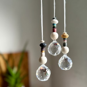 Sun catcher, simple suncatcher with wooden beads and beads made of lava stones, sun crystal for living room decoration
