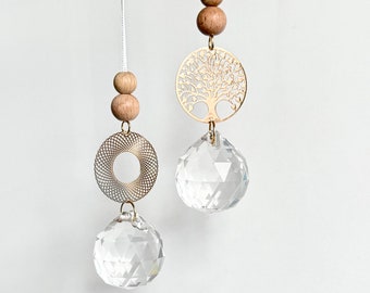 simple suncatcher, suncatcher with brass pendants in rose gold and wooden balls, sun crystal, light breaker, window decoration for hanging