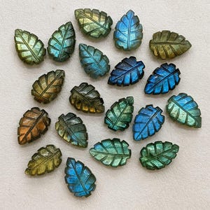 Labradorite Leaf Carved Gemstones: Flashy Blue Green Cabochons - 12x16 mm (10 Pieces