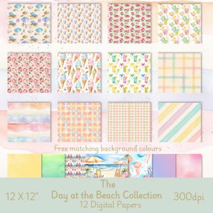 Pastel Watercolour Summer Digital Paper Bundle, 12 Seamless Picnic & Beach Patterns for Scrapbooking, Journaling and Crafts Commercial Use