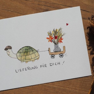 Schildi liefert - Postkarte / Schildkröte / Lieferung / Geschenk / Geschenkkarte / Präsent / Geburtstagskarte / Blumen für dich / Dankeschön