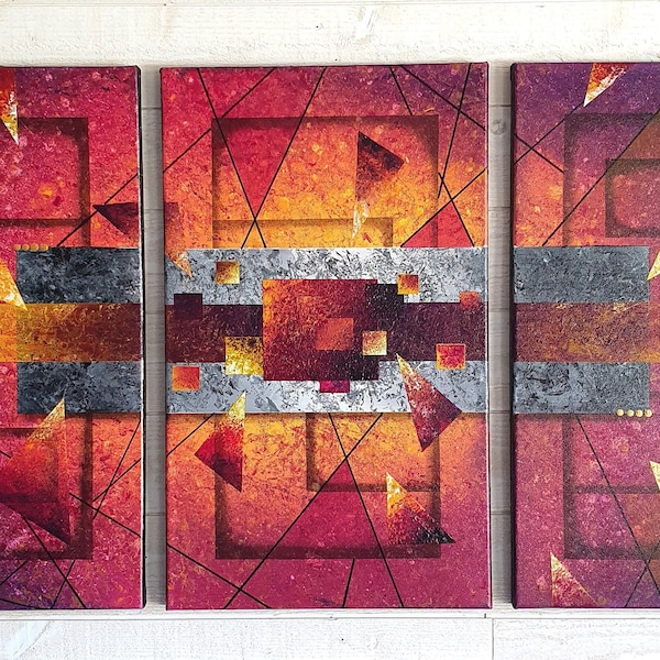 Geometric abstract triptych painting in purple and yellow tones