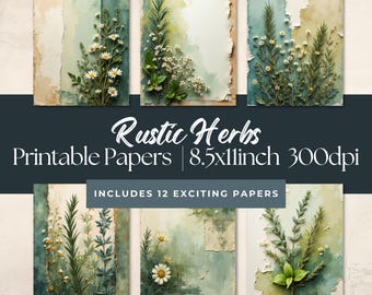 Herbal Leaves and Torn Paper Junk Journal Pages, Vintage Papers, Backgrounds, Printable and Downloadable, Textured, Layered, watercolor