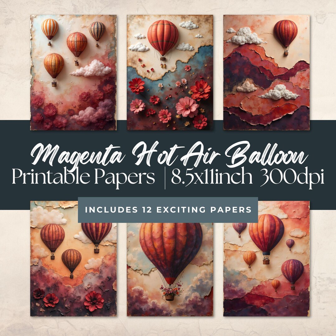Bold Magenta Hot Air Balloon in the Sky, Digital Junk Journal Papers ...