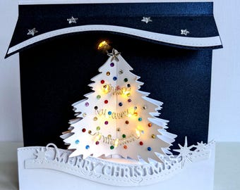 Carte de sapin de Noël 3D en boîte et personnalisée, carte de luxe avec guirlandes lumineuses