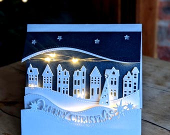 Weihnachtskarte | 3D Weihnachtsstadt mit mini LED Lichterkette und Edelsteinen | Handarbeit| Andenken