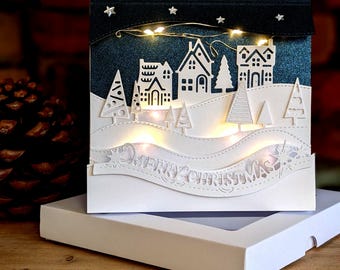 Handgemachte 3D Weihnachtskarte| Dekoration| Andenken Weihnachtsdorf mit LED-Lichtern