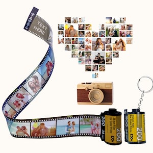 Op de afbeelding: Een gele en zwarte filmrol sleutelhanger met een hartvormige collage van foto's op de achtergrond. De filmrol is gelabeld "KodakColor 200 35mm Film for Color Prints DXN 200 36 EXP".