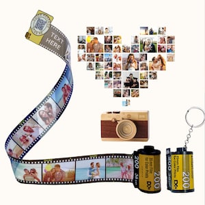 Peut inclure: Un collage de photos en forme de cœur est entouré d'une bande de film avec des photos imprimées dessus. Deux cartouches de film 35 mm noires et jaunes avec le texte "KodakColor 200 36 EXP" et "200 36 EXP" sont attachées à un porte-clés.