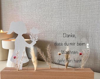 Abschiedsgeschenk Kindergarten Grundschule Kita Erzieher Lehrer / Holzleiste mit Acrylscheibe / Blumenmädchen / Trockenblumen /