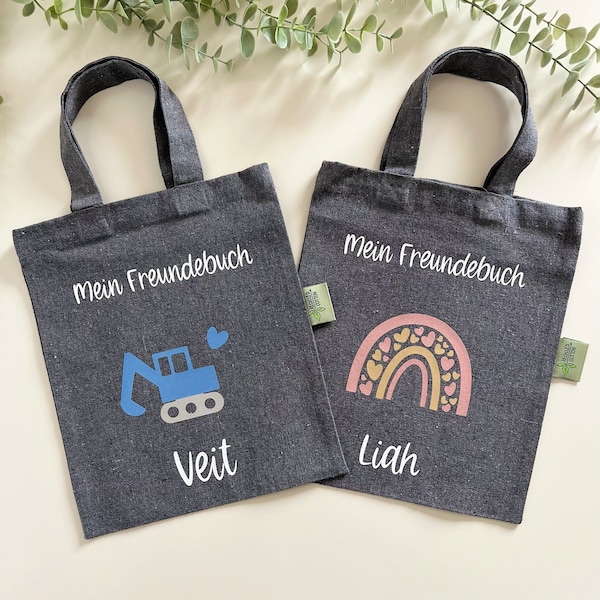 Buchtasche  Freundebuch personalisiert mit Name Bagger Regenbogen / Dino / Einhorn Geschenk Geburtstag Kindergartenfreunde Schulfreunde