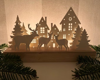 Lichterwald Lichthaus Lichthäuschen Dekohäuschen Dekohaus Weihnachtsdekoration auf Holzleiste Waldtiere Lichterstadt