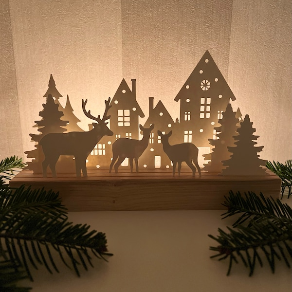 Lichterwald Lichthaus Lichthäuschen Dekohäuschen Dekohaus Weihnachtsdekoration auf Holzleiste Waldtiere Lichterstadt