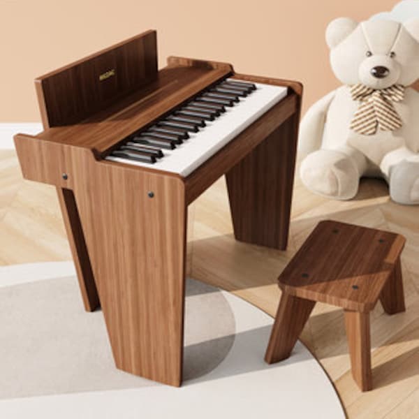 Mini piano de juguete de madera de color nogal minimalista de 37 teclas con una silla para principiantes de piano: ideas de regalo brillantes para niños