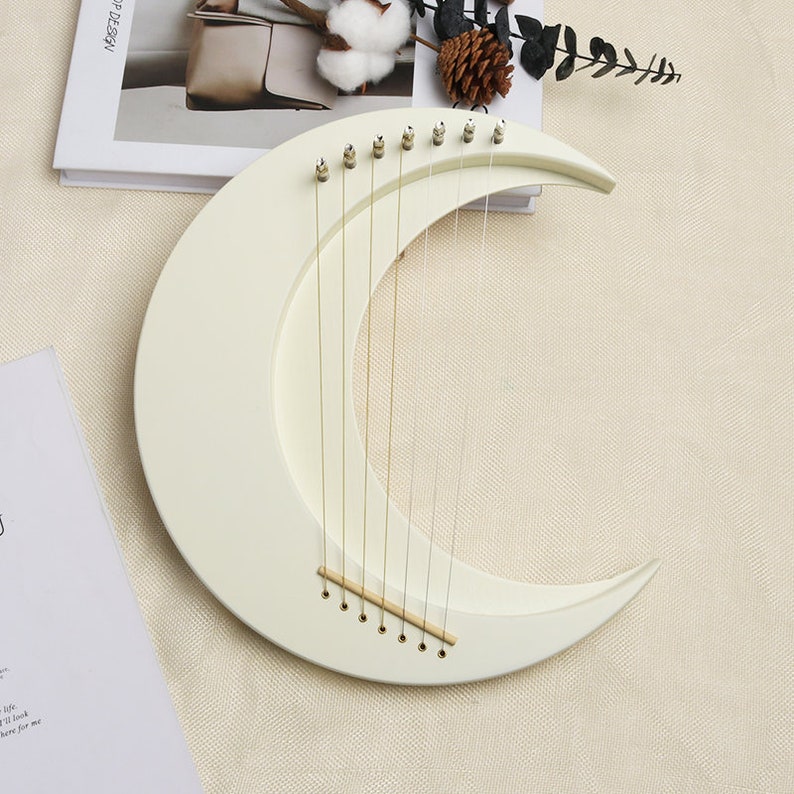 7 strings Lyre, mini wooden white moon harp, great music gift for children, for Lyre beginners image 1