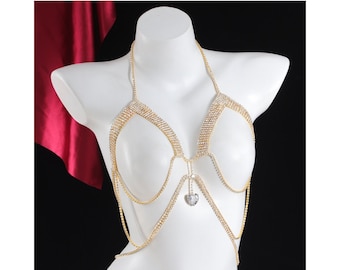 Rhinestone Bra Chest Chain with Heart Pendant, Beach Bikini Chains, Harness Chain, Party Nightclub Body Jewelry