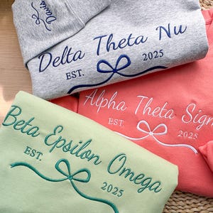 Può includere: Tre felpe con diversi nomi di confraternita e l'anno 2025 ricamato su di esse. Le felpe sono di colore verde, rosa e grigio. I nomi delle confraternite sono Beta Epsilon Omega, Alpha Theta Sigma e Delta Theta Nu.