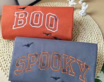 Personalized Embroidered Halloween BOO  SPOOKY Sweatshirt With Bats  | Spooky Season Fun Fall Crewneck | Happy Halloween Gift