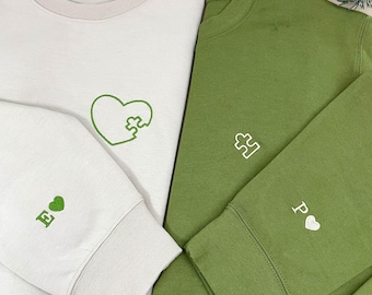Custom Embroidered Matching Heart and Puzzle Piece Couple Initial Sweatshirt | Anniversary Hoodie | Personalized Valentines Day Gift