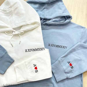 Custom Embroidered Roman Numeral Hoodie - Couples Gift - Personalized Gift Date Hoodie Initial on Sleeve - Engagements, 1st Anniversary gift