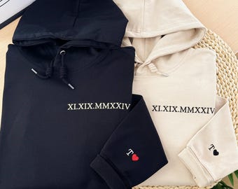 Custom Embroidered Initial Matching Hoodies,Personalized Roman Nummerals Hoodie, Valentines Day, Anniversary Gifts for Him