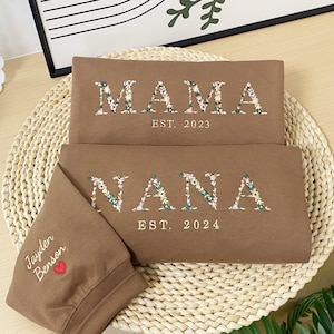 Embroidered Mama Sweatshirt with Floral Letter | Embroidery Sweatshirt with Kids Name on Sleeve | Gift for Mother | Mothers Day Gift