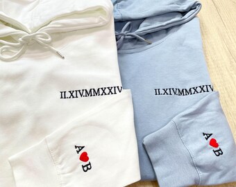 Customized embroidered Couple hoodie, Roman Numerals hoodie, Anniversary Date, Wedding Date, valentines Day Matching Couples Sweatshirt
