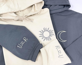 Custom Sun & Moon  Matching Hoodie with Initials Heart, Embroidered Couple Hoodies for Valentine's or Anniversary