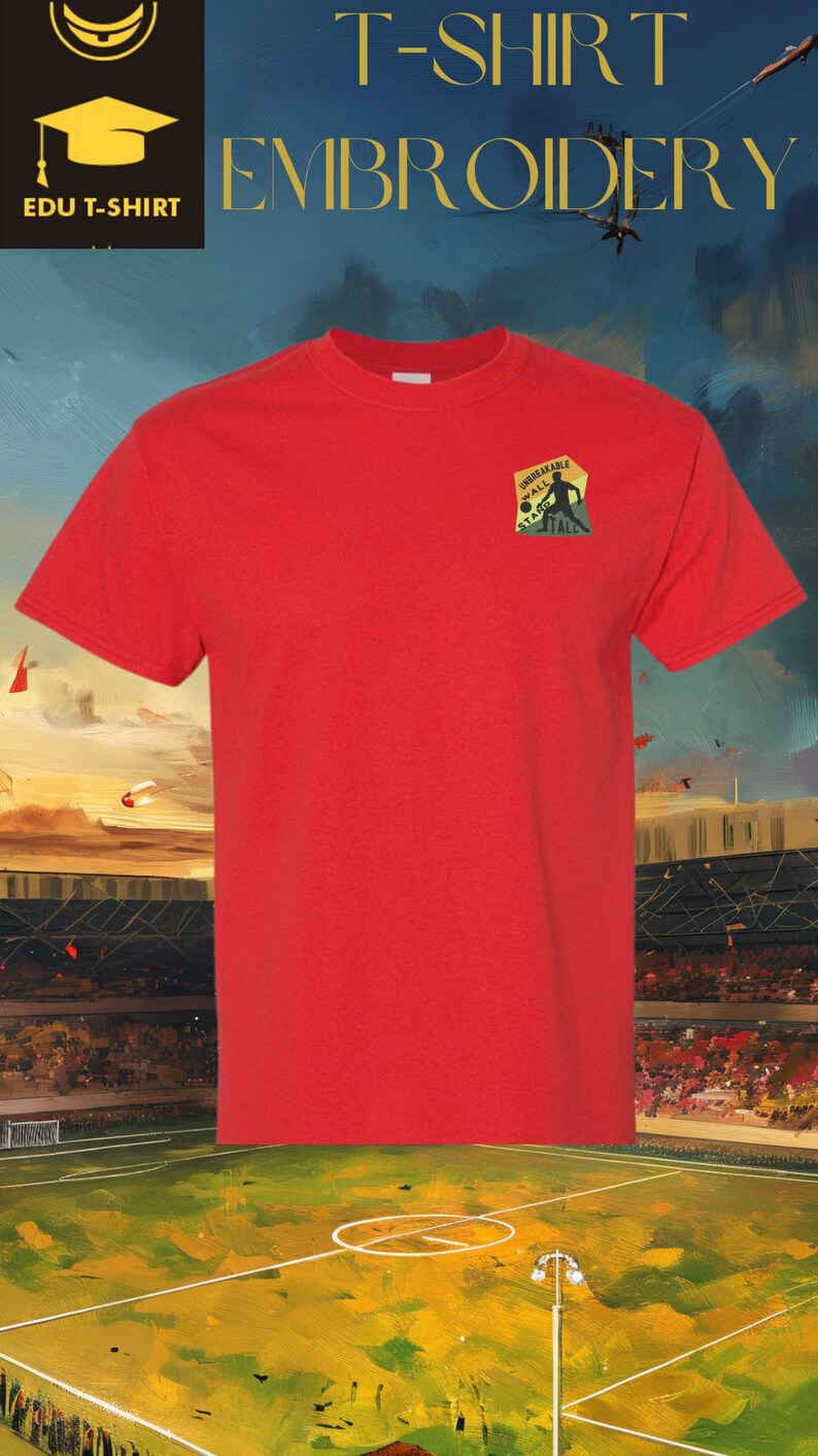 May include: Red t-shirt with a small embroidered patch on the left chest. The patch is a vintage-style design with a football player and the words "Unbreakable Wall" and "State Tale".