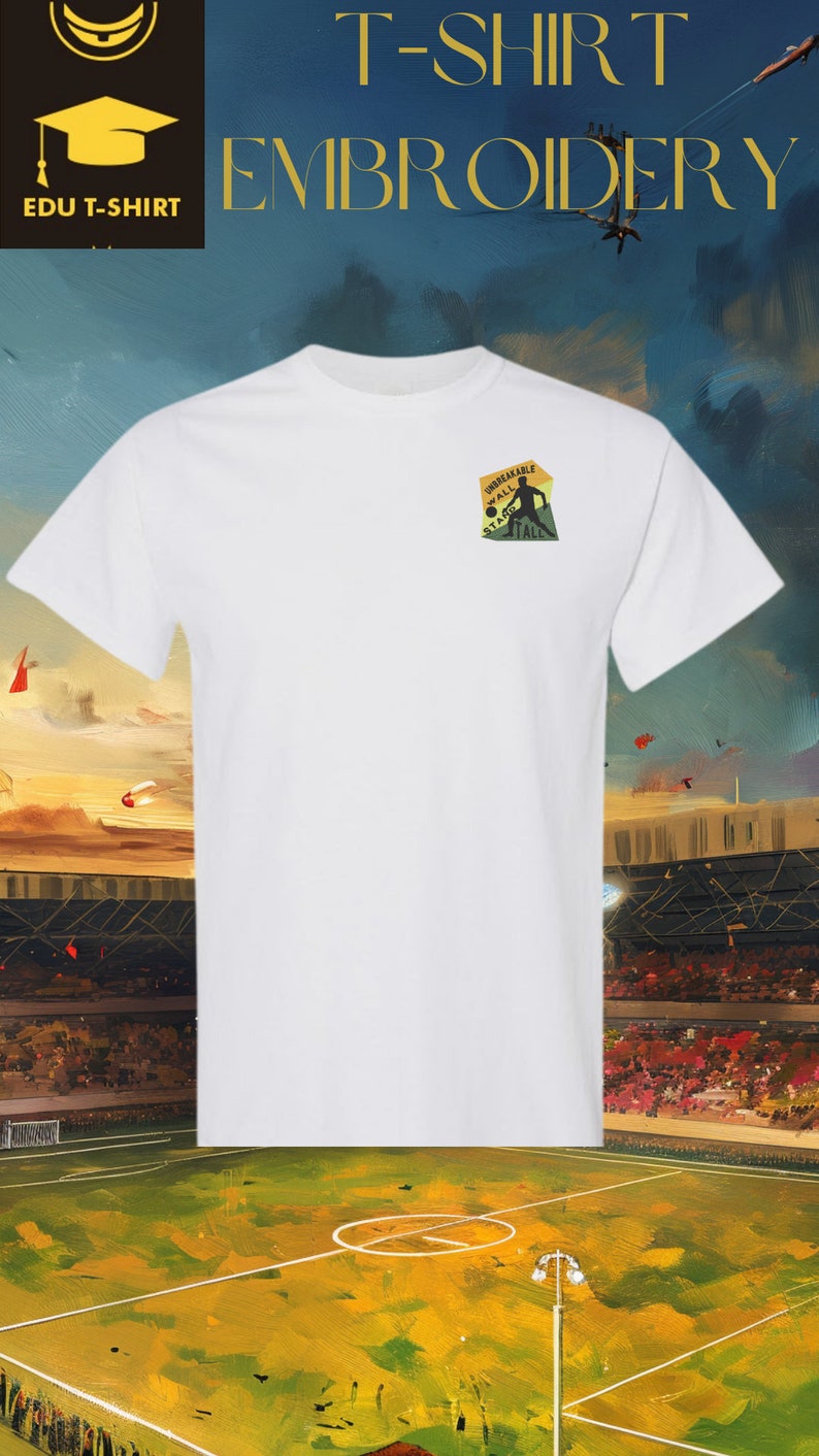 May include: White t-shirt with a green, yellow and black embroidered patch that says "Unbreakable Wall Stand Tall" and features a silhouette of a football player kicking a ball.