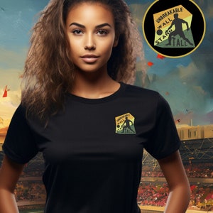 May include: A black t-shirt with an embroidered patch featuring a silhouette of a person playing football with the text "Unbreakable Wall Stand Tall".