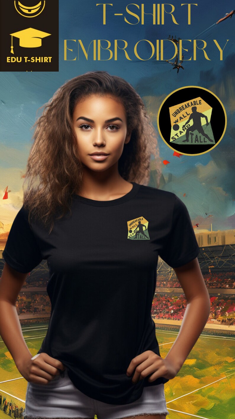 May include: A black t-shirt with an embroidered patch featuring a silhouette of a person playing football with the text "Unbreakable Wall Stand Tall".