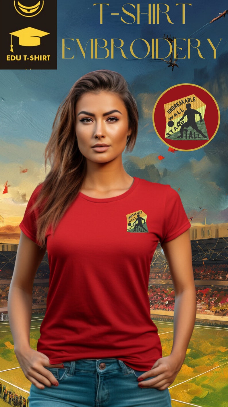 May include: A red t-shirt with a small embroidered patch on the left chest. The patch is a yellow, green, and brown circle with the text "Unbreakable Wall Stand Tall" and a silhouette of a person playing football.