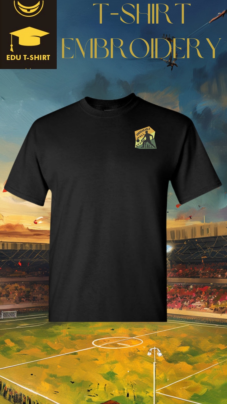 May include: Black t-shirt with a small embroidered patch on the left chest. The patch is yellow, orange, and red with the text "Unbreakable Wall Stand Tall" and a silhouette of a football player.