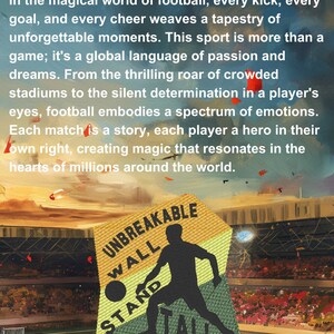 May include: A yellow and green embroidered patch featuring a silhouette of a football player standing tall with a ball at their feet. The text "Unbreakable Wall Stand Tall" is embroidered on the patch. The patch is set against a green and brown background with a football pitch in the background. The text "Defensive Stance" is below the patch.