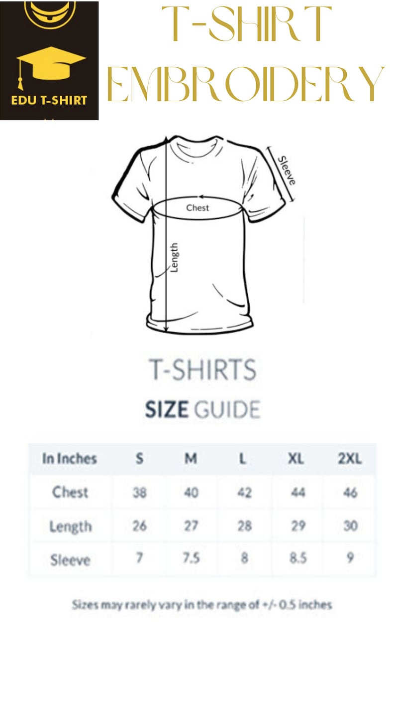 May include: T-shirt size guide in inches with measurements for chest, length, and sleeve for sizes S, M, L, XL, and 2XL.