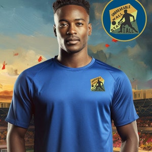 May include: A blue t-shirt with an embroidered patch that says "Unbreakable Wall Stand Tall". The patch features a silhouette of a person playing football.