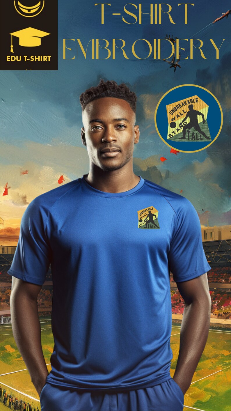 May include: A blue t-shirt with an embroidered patch that says "Unbreakable Wall Stand Tall". The patch features a silhouette of a person playing football.