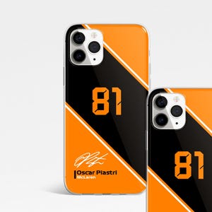 May include: Two phone cases with an orange and black design. The number 81 is displayed in orange, with diagonal stripes. The cases also feature the signature of Oscar Piastri and the McLaren logo.