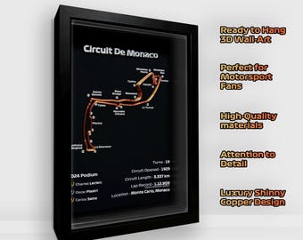 Monaco F1 Track 3D Wall Art: Copper Finish Race Circuit Poster