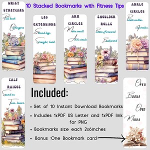 Stacked Books Bookmark Set: Fitness Tips, Watercolor Designs (Digital Download)