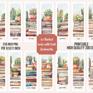 Marcapáginas imprimible de libros apilados para amantes de los libros, juego imprimible, marcadores de acuarela, imprimible para amantes de los libros, marcadores de libros apilados con cactus,