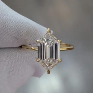 3 CT Vintage Long Hexagon Cut Moissanite Engagement Ring Unique Gold Hidden Halo Moissanite Wedding Ring Hexagon Anniversary Gift For Her