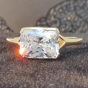 2.50 CT Radiant Moissanite Ring: 10K Gold East West Solitaire Bridal Ring