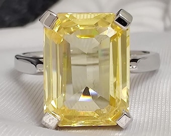 Yellow Emerald Cut CZ Ring: Art Deco 10K White Gold