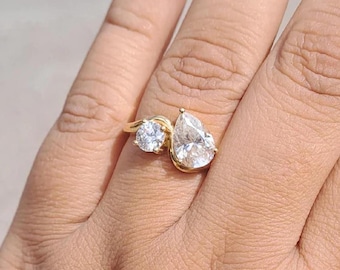 Toi Et Moi Ring, Pear& Round Cut Moissanite Engagement Ring 14K Yellow Gold Two Stone Promise Ring Unique Curved Band Perfect For Daily Wear
