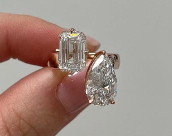 Toi Et Moi Moissanite Ring Two Stone Open Cuff Ring, 3.50 TCW Emerald and Pear Cut Engagement Ring 14K Yellow Gold Anniversary Ring Woman