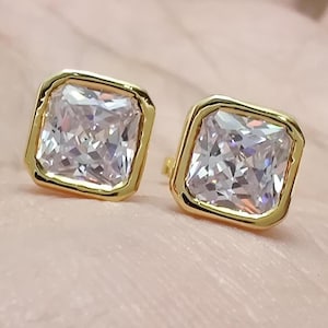 7 MM Square Radiant Cut Moissanite Earrings, Diamond Stud Earrings, Minimalist Earrings 14K Yellow Gold Push Back Earrings, Gift For Her