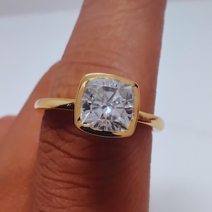 1.50 CT Cushion Cut Moissanite Ring: Bezel Set Solitaire, 925 Silver